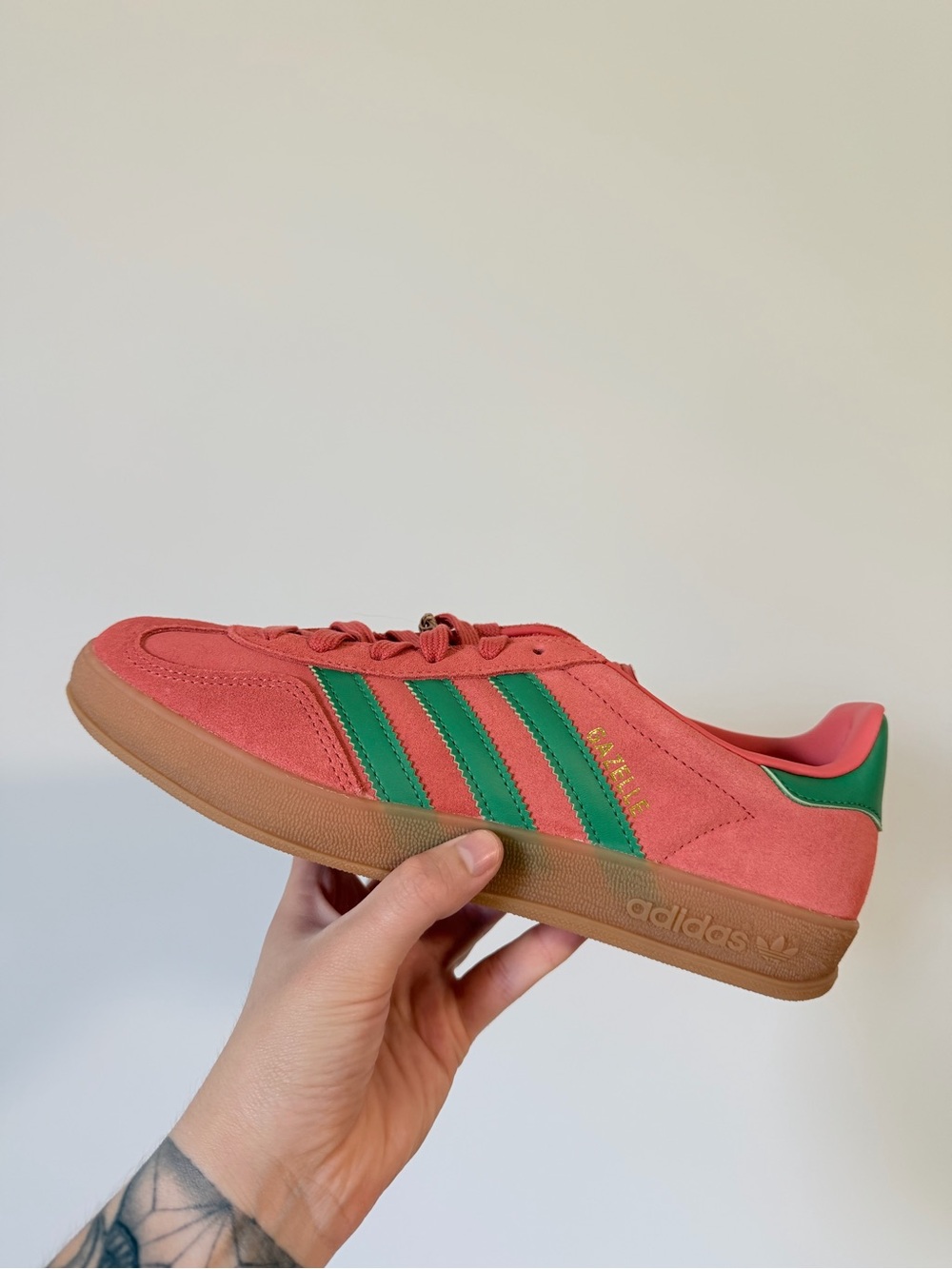 adidas mens Gazelle Shoes in Pink with Green Stripes